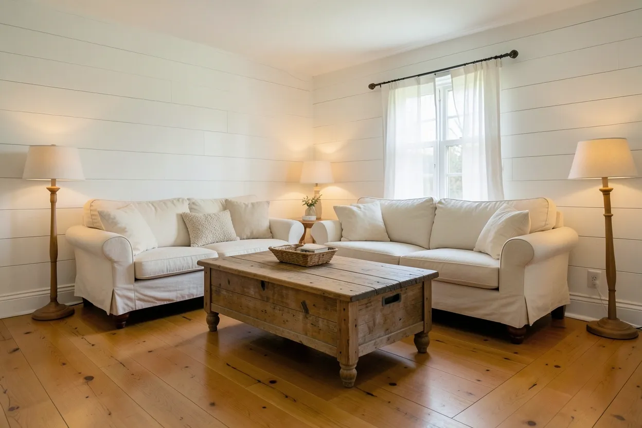 Bright minimalist farmhouse living room with white shiplap walls, natural wood accents, and neutral linen sofa