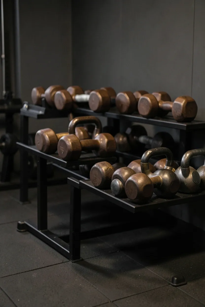 Espresso-colored dumbbells and kettlebells on a dark metal rack blending seamlessly with dark home gym decor and charcoal walls