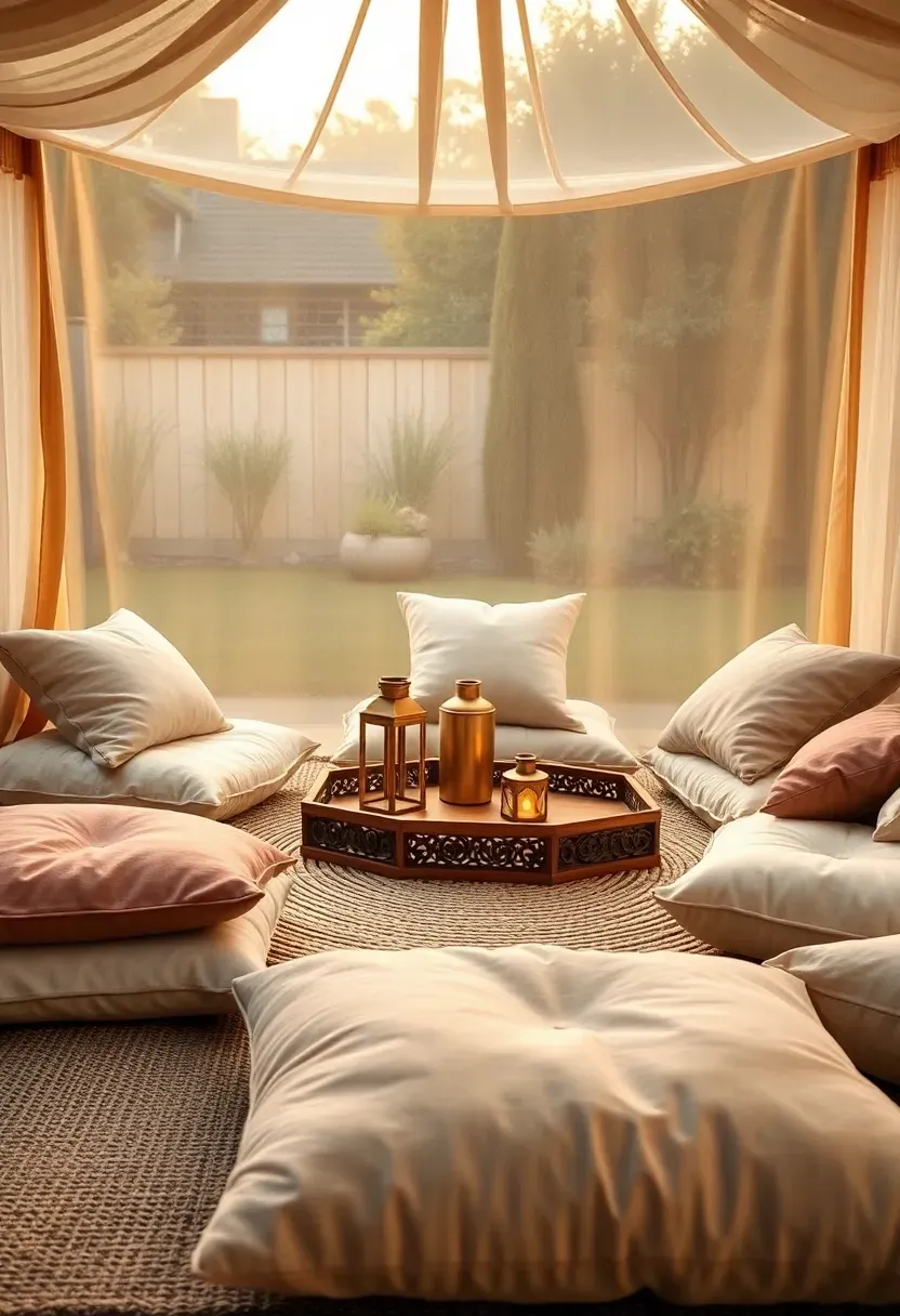 Sunken floor cushion lounge area in a backyard sun room with low tables, lanterns, and draped fabric overhead