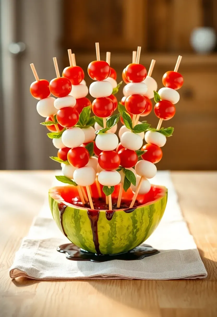 caprese skewer display for a baby shower with cherry tomatoes, fresh mozzarella balls, and basil leaves on wooden picks arranged upright in a watermelon half with balsamic glaze drizzle