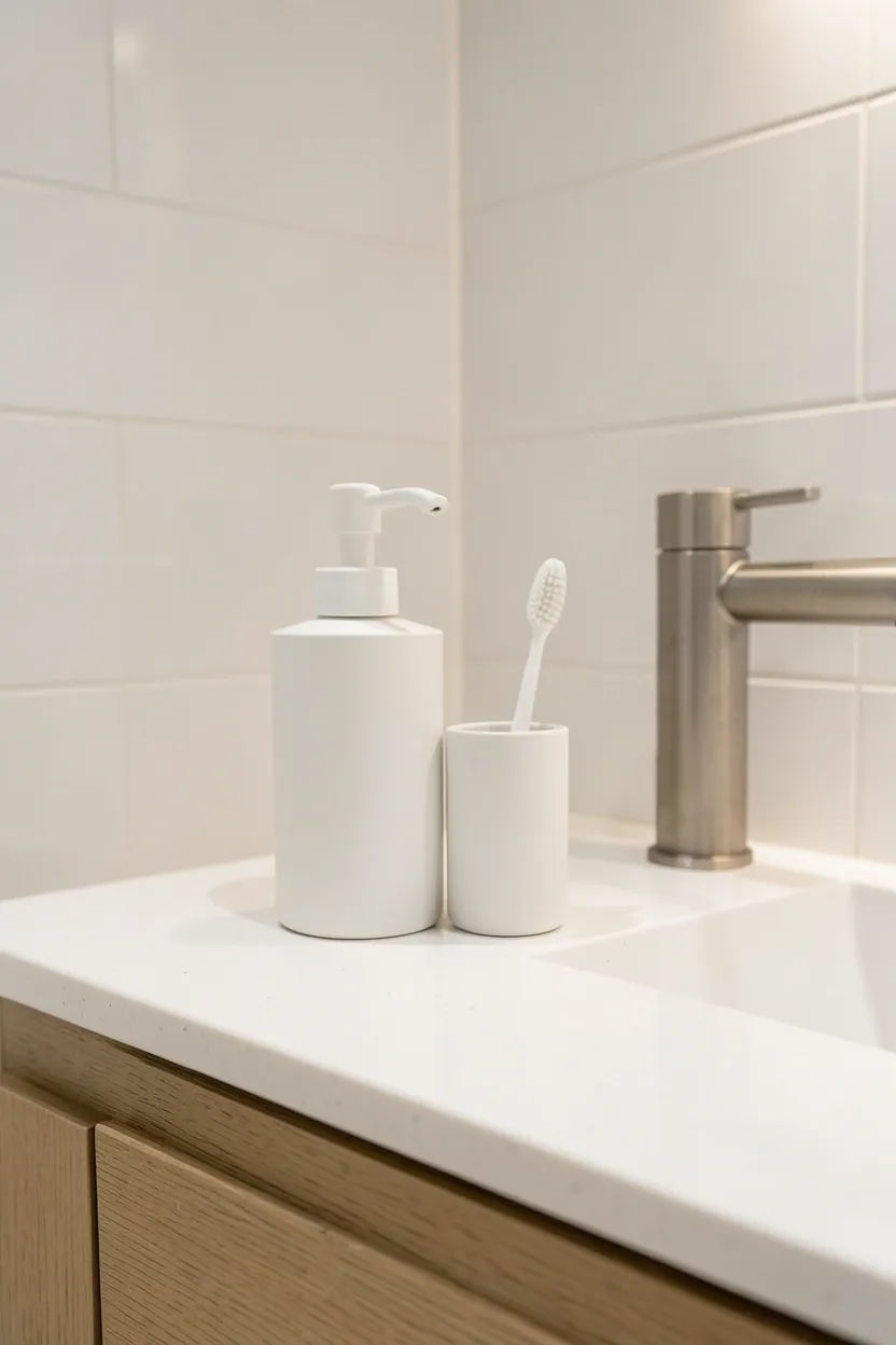 White matte ceramic soap dispenser and toothbrush holder on white quartz bathroom counter with brushed nickel faucet