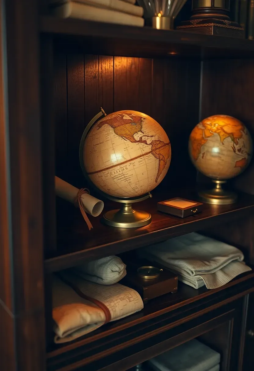 Antique map and globe shelf in a gentleman's study — dark mahogany shelf holding a small brass terrestrial globe, a rolled parchment map, a compass in a wooden box, and a linen map cloth
