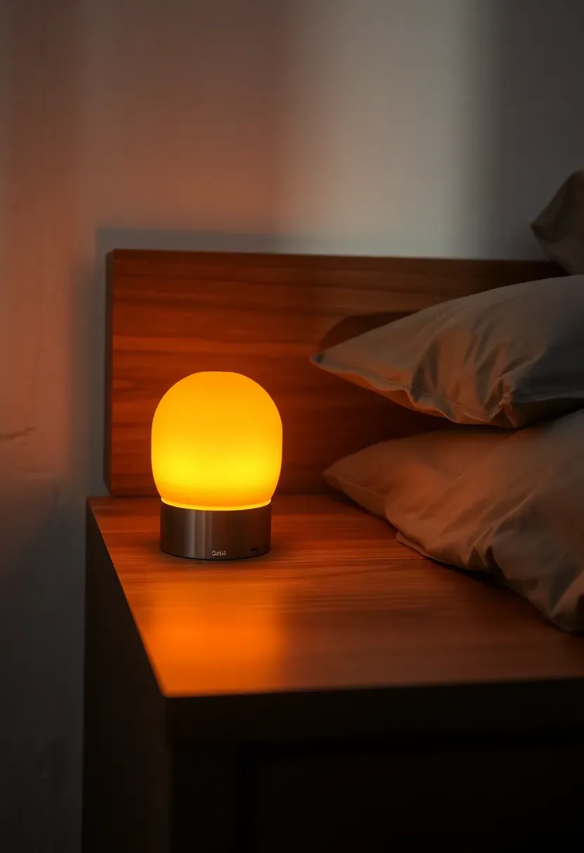 bedroom with sunrise alarm clock glowing warm orange on the nightstand during early morning