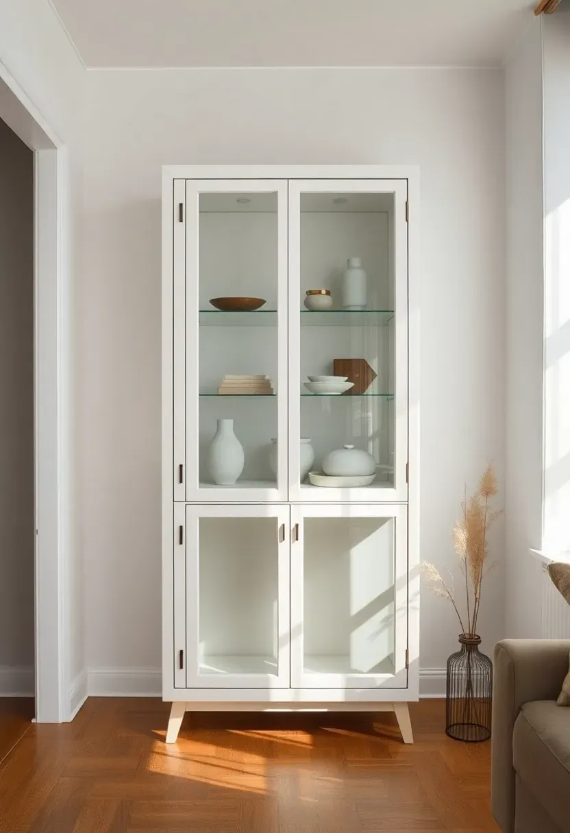 Hyper-realistic view of small minimalist living room with glass-front display cabinet, cabinet reflects surroundings and shows curated objects inside, apartment living room, white walls, oak floor, compact room. Materials: glass-front cabinet with white frame, minimal curated objects visible through glass, white walls, oak floor, reflections in glass surfaces. Natural light, reflective storage mood. Glass doubling visual space while providing storage, shallow depth of field, no text, no logos, no watermarks.</p>