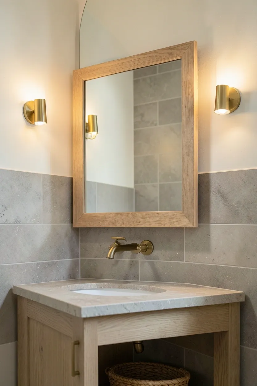 Hyper-realistic 3/4 view of a bathroom featuring large floating mirror with warm frame. Rectangular mirror floating with 2-inch gap from wall creates subtle shadow. Frame in light oak with visible warm grain pattern. Mirror floats above light oak vanity with stone top. Brass wall-mounted faucet visible. Walls in pale cream with warm gray large format tiles. Warm ambient lighting from brass sconces flanking mirror. Small shelf beneath mirror holds woven basket. Clean surfaces. No text, no logos, no watermarks.</p>