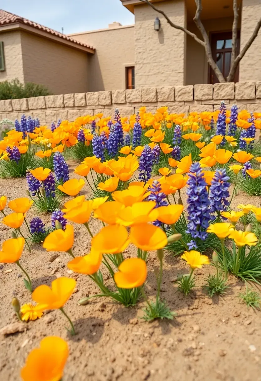 Arizona desert wildflower meadow in spring bloom with Mexican gold poppy, lupine, and desert marigold across a sunny front yard