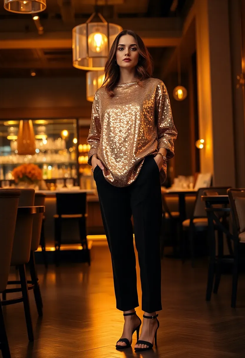 champagne sequin top paired with black wide-leg pants and strappy heels at an evening baby shower