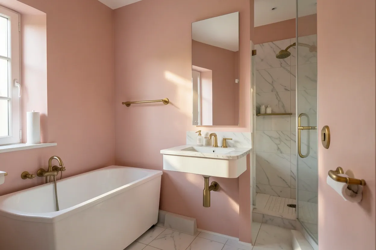 Collage of pink bathroom ideas for renters including blush removable wallpaper, rose gold hardware, ombre shower curtain, and pink peel-and-stick tiles in small apartment bathrooms