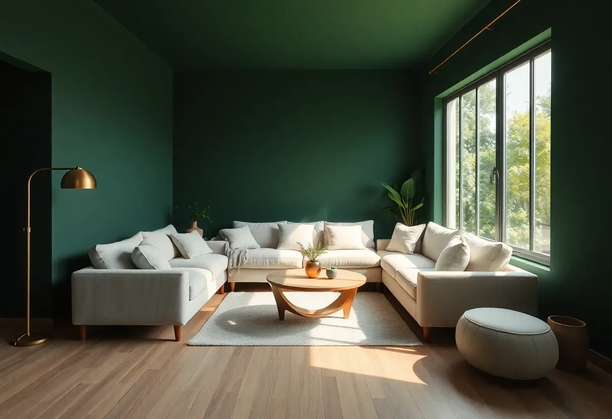 Dark Green Living Room with Bold Emerald Walls and Natural Wood Accents