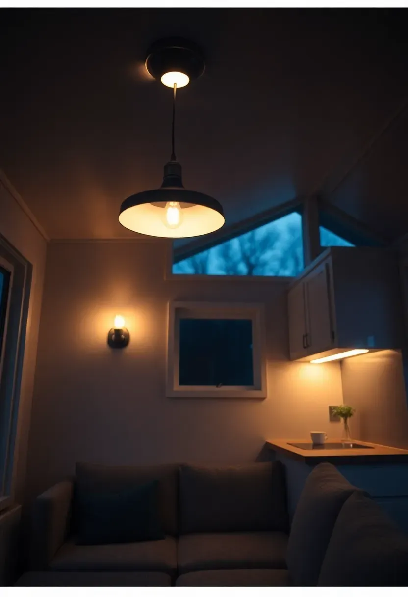 Hyper-realistic 3/4 view of tiny house living area at dusk with layered lighting—warm ceiling flush mount, wall-mounted reading lamp over seating, LED strip lights under upper cabinets. Materials: brushed nickel fixtures, warm white bulbs (2700K), light grey walls. Mix of ambient and task lighting creating cozy layered effect. Minimal furniture arrangement visible. Soft shadows adding depth. Shallow depth of field, sharp focus on wall sconce. No text, no logos, no watermarks.</p>