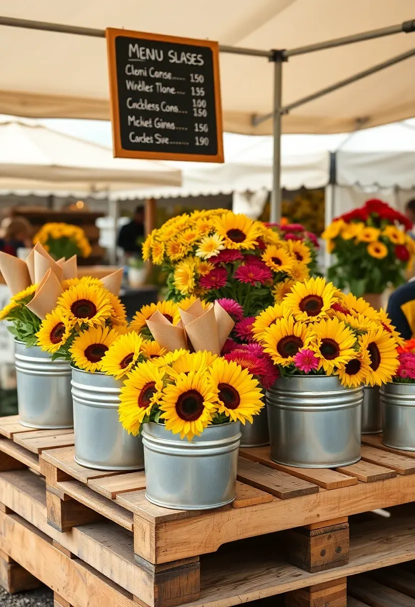 farmers market self-serve flower bar with galvanized tubs of sunflowers and kraft paper cone dispenser