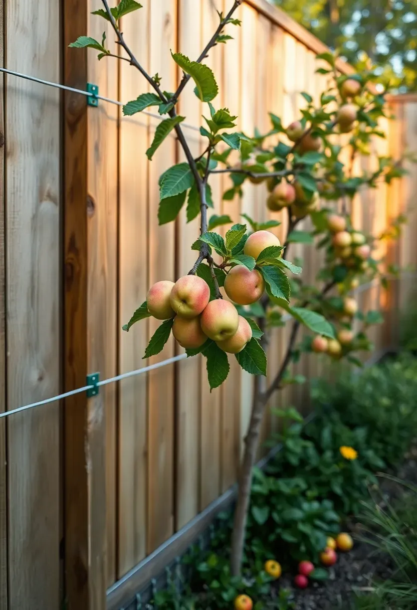 Espalier apple trees trained flat against a wooden fence in a backyard garden, branches laden with ripening fruit