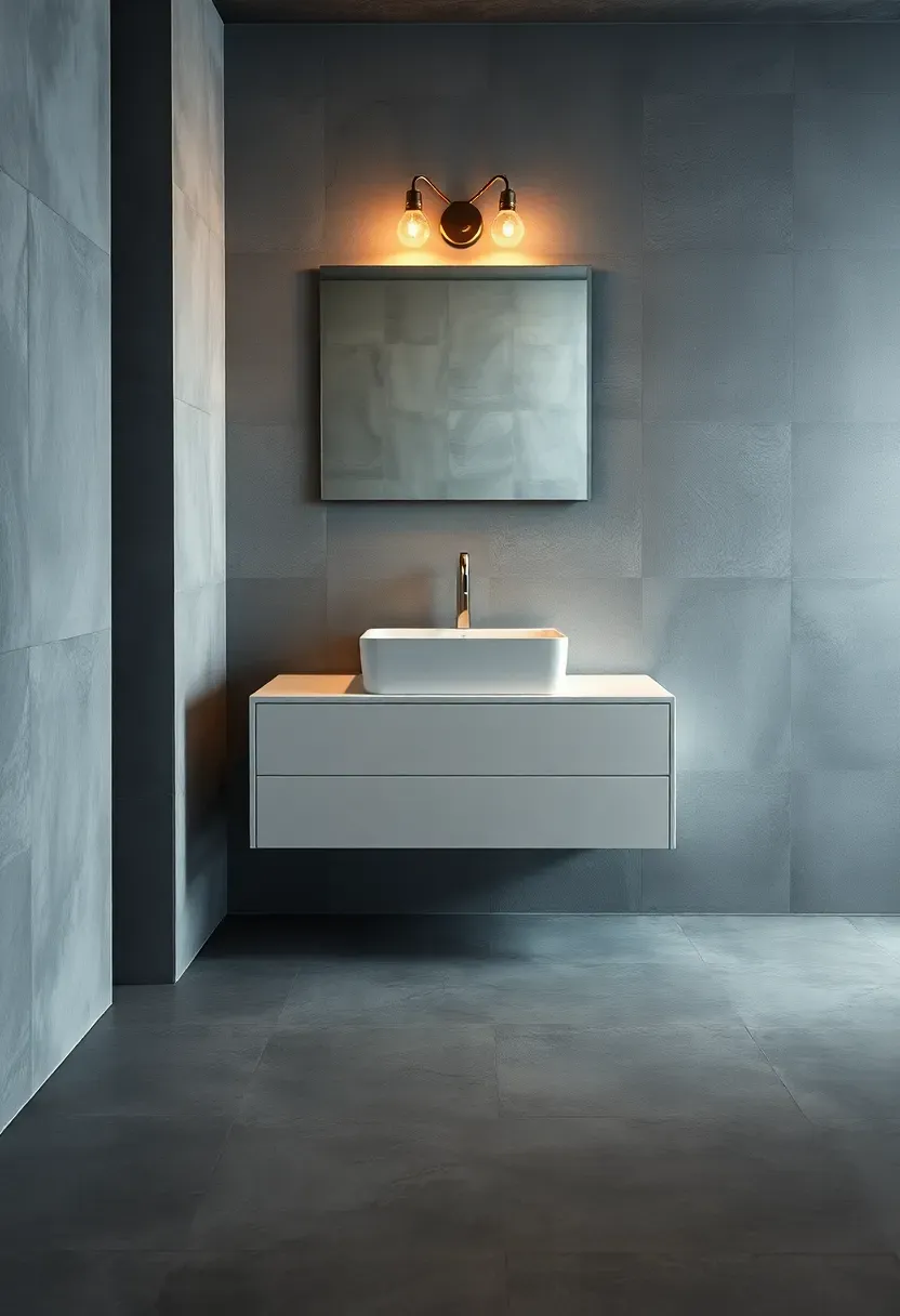 Basement bathroom with concrete-look porcelain floor tiles in a cool gray tone with a modern vanity