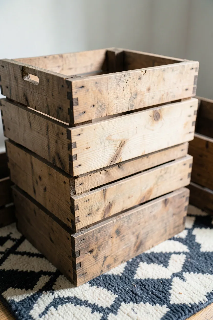 Stacked vintage pine wooden crates used as open storage for blankets and magazines in a cozy Scandinavian living room