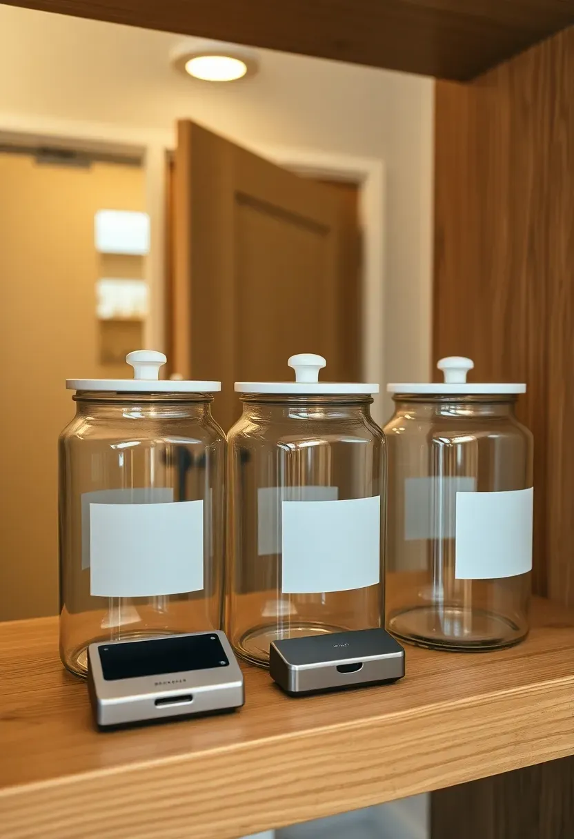Pantry shelf with three clear glass canisters fitted with minimalist matte aluminum label holders on each lid, small label-printing device resting beside them on an oak shelf