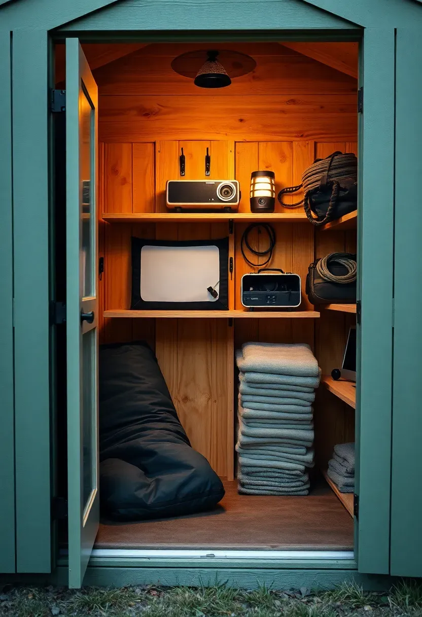 A small painted wooden storage shed with its doors open showing neatly organized projector equipment, a rolled-up screen, and outdoor movie accessories on shelves