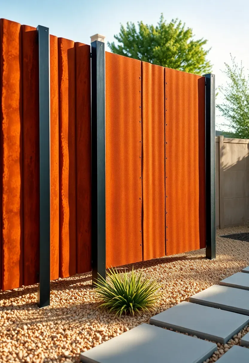 Corten steel fence panels with natural rust patina in a modern backyard with drought-tolerant landscaping and concrete pavers