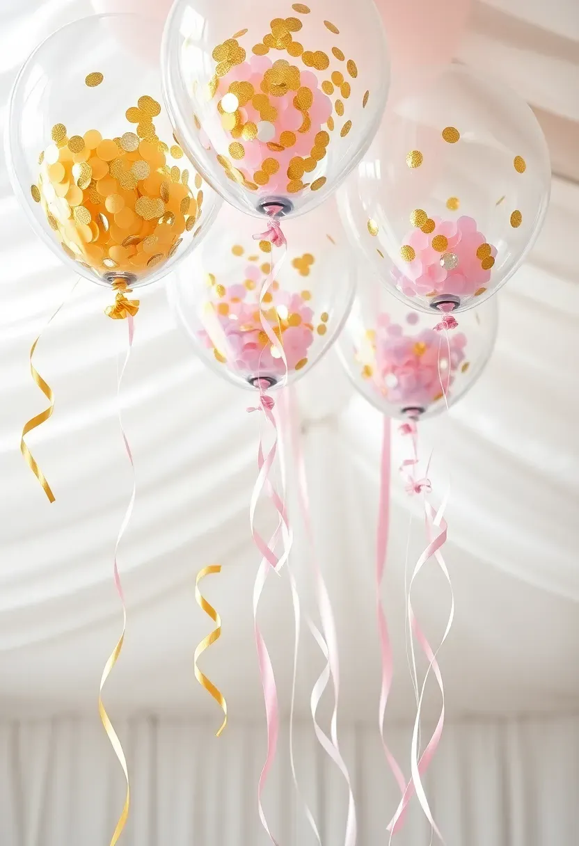 clear confetti filled balloons in gold and pastel shades floating above a baby shower venue with matching streamers and ribbon tails