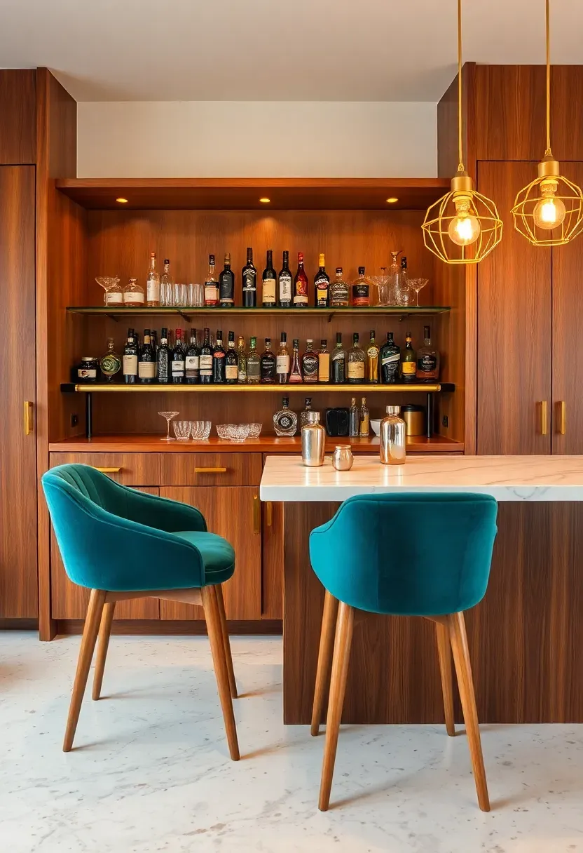 Mid-century modern cocktail bar man cave with walnut bar cabinet, brass hardware, teal velvet bar stools, geometric pendant lights, and terrazzo countertop