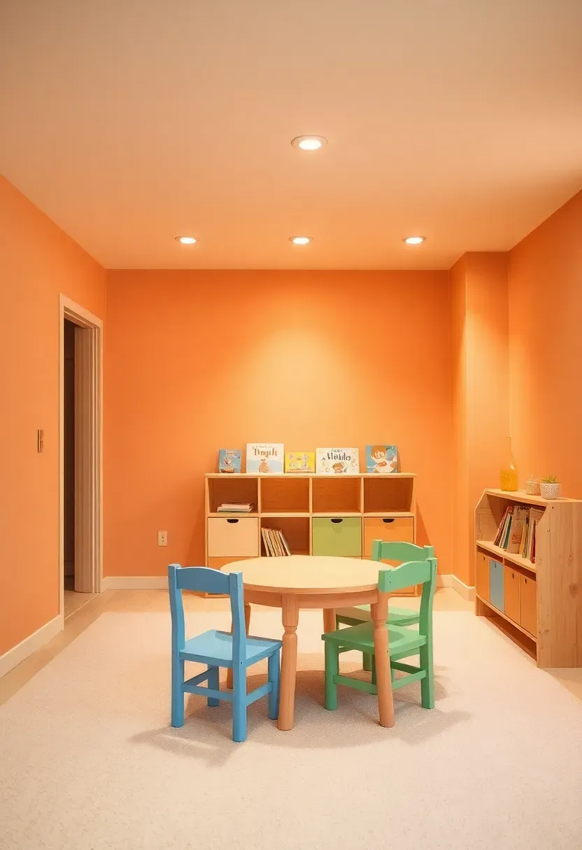cheerful basement playroom with pale apricot walls and colorful children's furniture