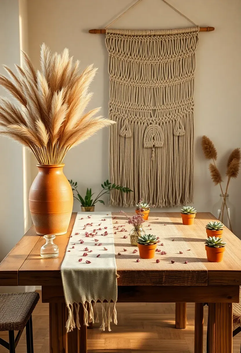 boho wildflower baby shower setup with dried pampas grass terracotta vases macrame wall hanging earth toned linens and scattered wildflower petals on a wooden table