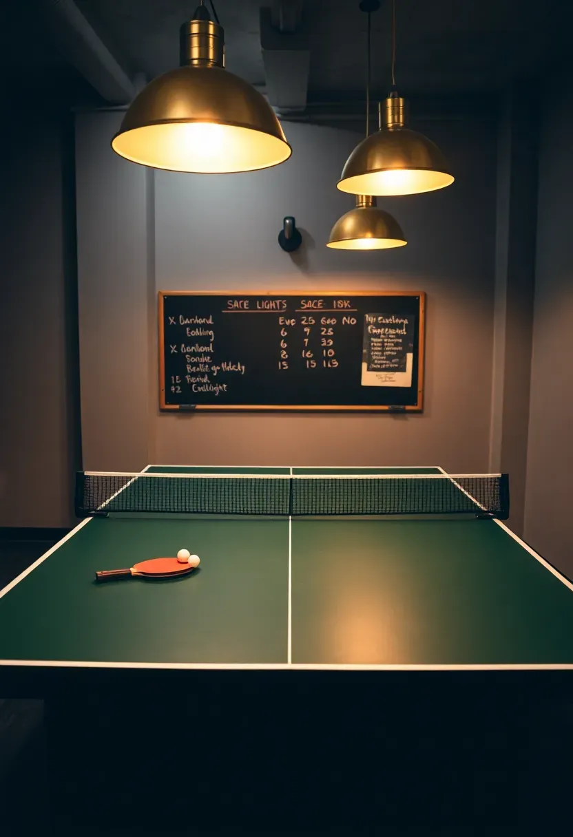 basement ping pong setup with regulation table under pendant lights and scoreboard on the wall