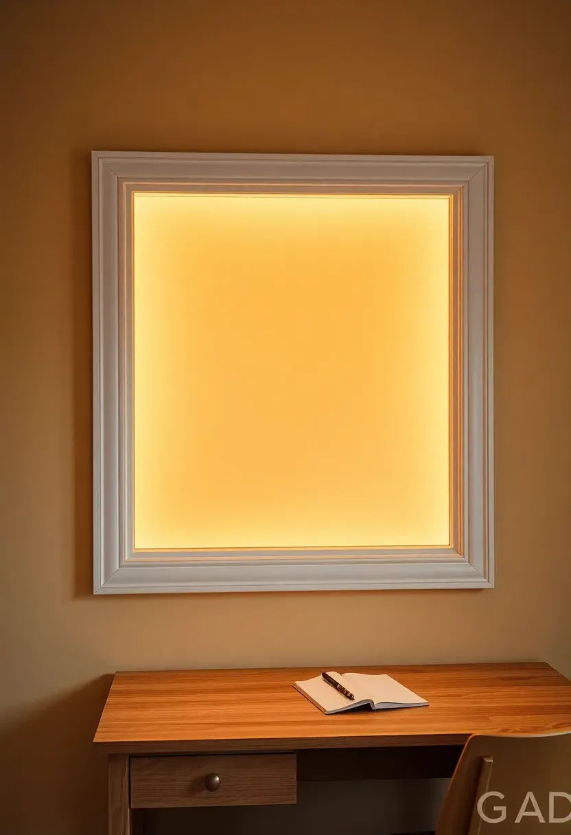Basement office with a backlit faux window frame on the wall showing a diffused daylight glow