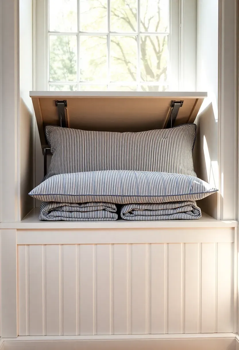 Sunlit window bench built into a small sunroom alcove with white beadboard paneling below, hinged cushion top revealing blanket storage inside, ticking-stripe cushion in blue and cream