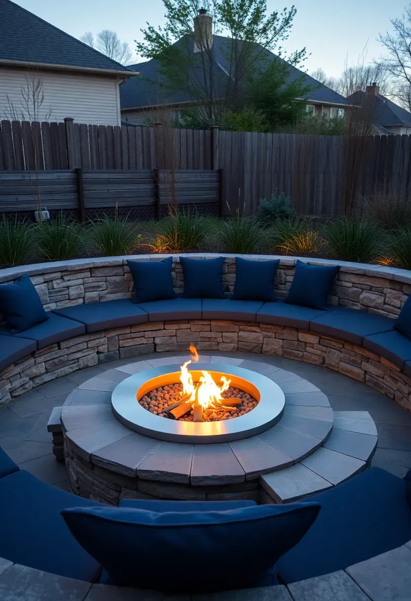 Backyard fire pit zone with circular gas fire pit, curved dry-stacked bluestone seating wall, and navy cushion pads at dusk
