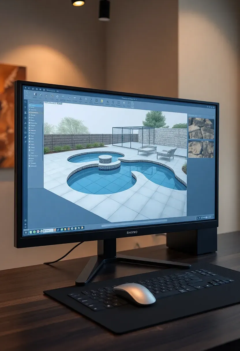 Rhino 3D viewport showing a detailed backyard model with custom-shaped pool, stone terrace, and parametric fence design
