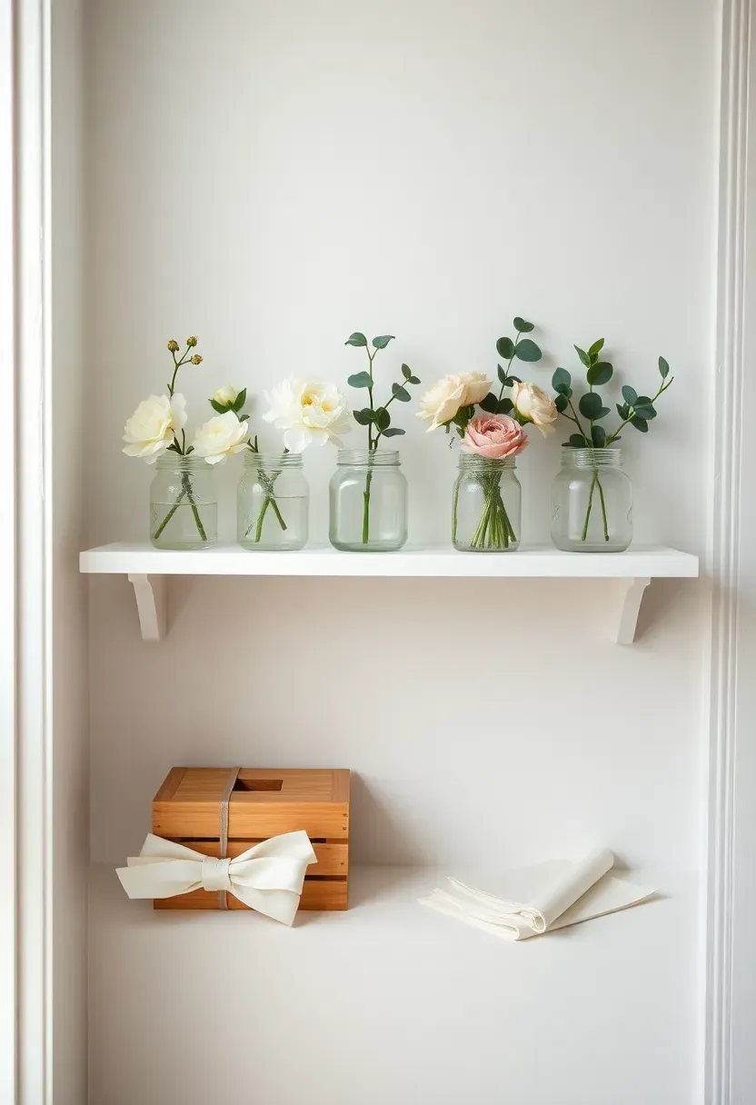 Compact apartment-scale flower bar in a small space with a narrow shelf holding three small vases of flowers and a simple DIY sign