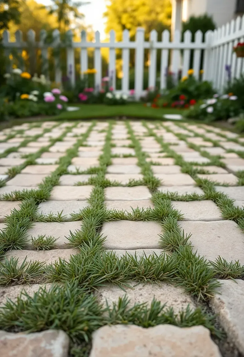 Paver patio with wide grass-filled joints between light stone pavers creating a natural grid pattern in a cottage garden