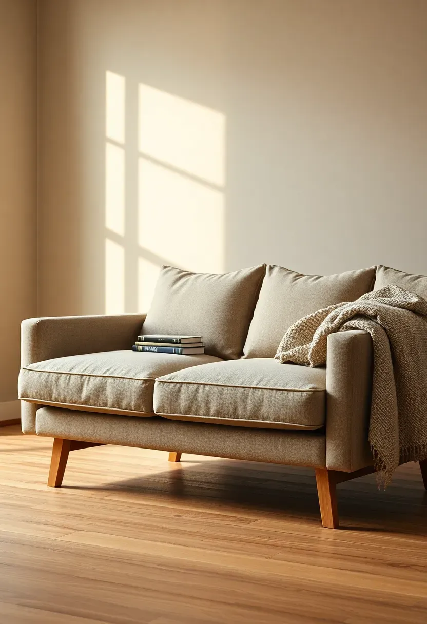 neutral linen sofa with low profile and solid wood legs as focal point in a minimalist living room
