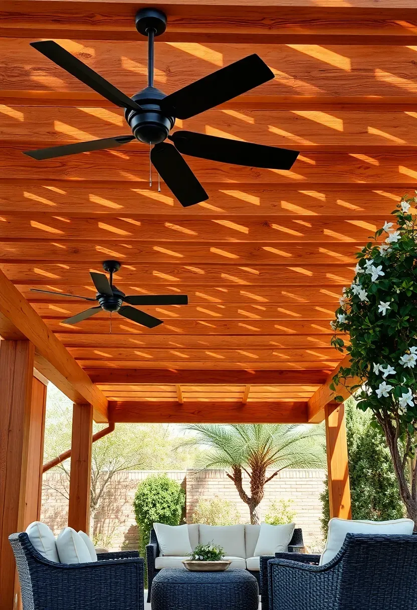 Large cedar pergola over a Texas patio with industrial ceiling fans, comfortable outdoor seating, and climbing jasmine on posts