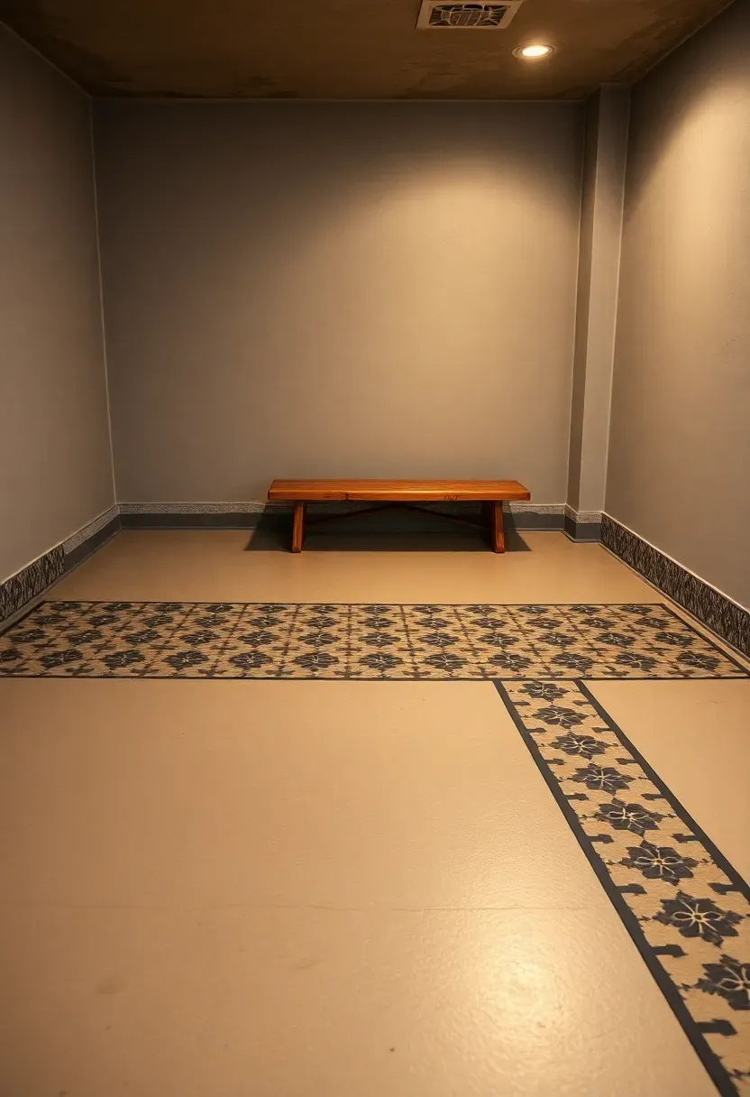 Painted basement floor with a decorative stenciled border in a Moroccan geometric pattern running along the room perimeter