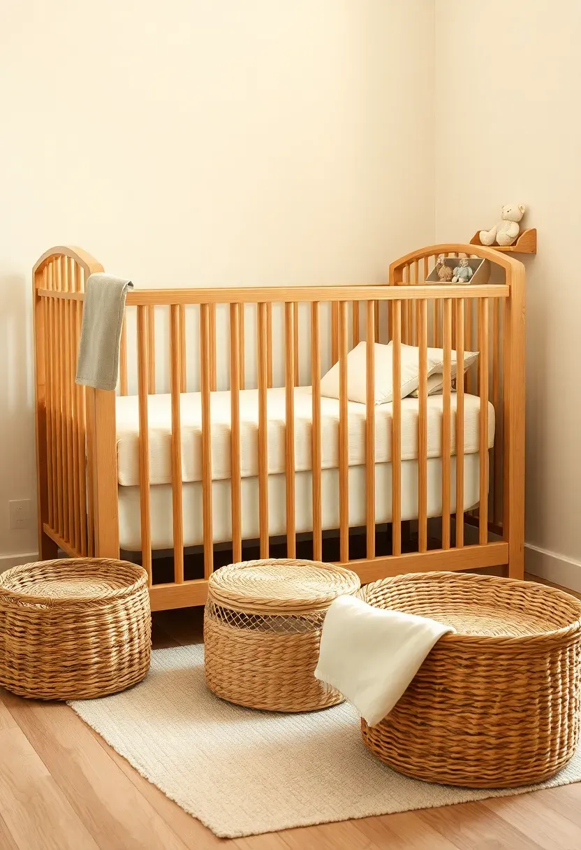 neutral nursery design with natural wood crib cream walls and woven storage baskets