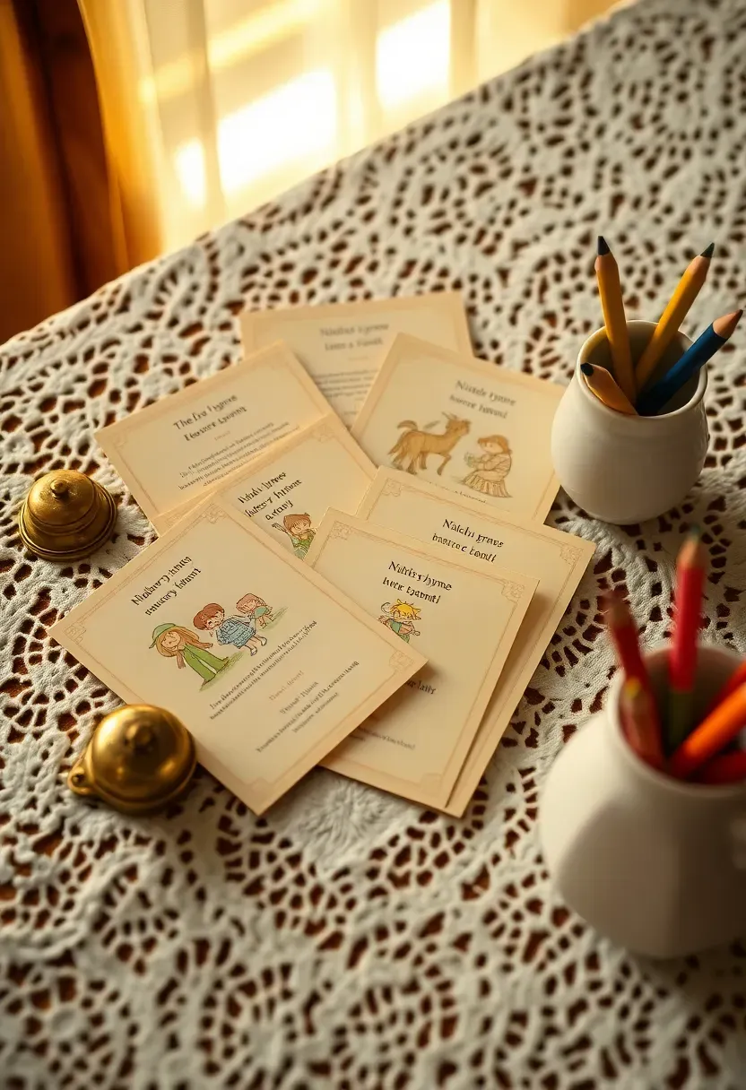 nursery rhyme quiz cards with vintage storybook illustrations on a lace tablecloth