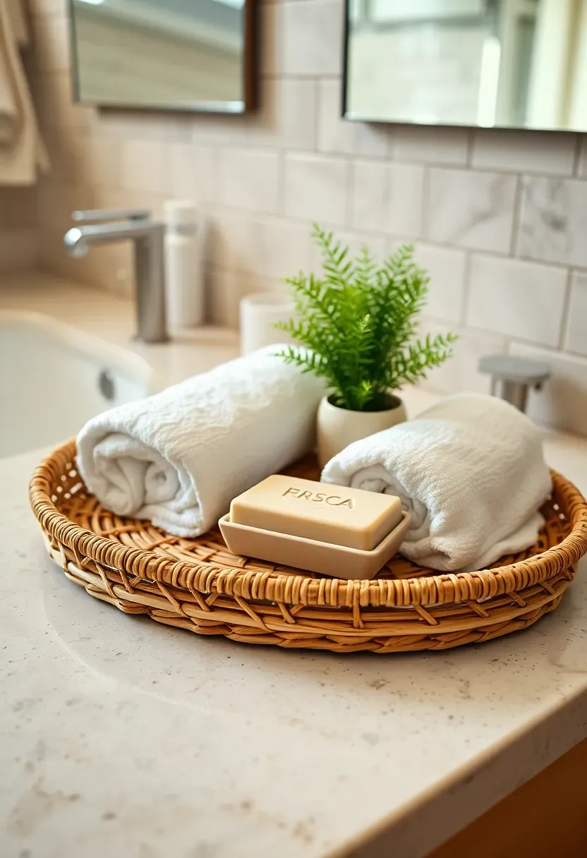 Spa-style woven tray in a bathroom with rolled white towels, artisan soap, and a small potted fern on stone countertop
