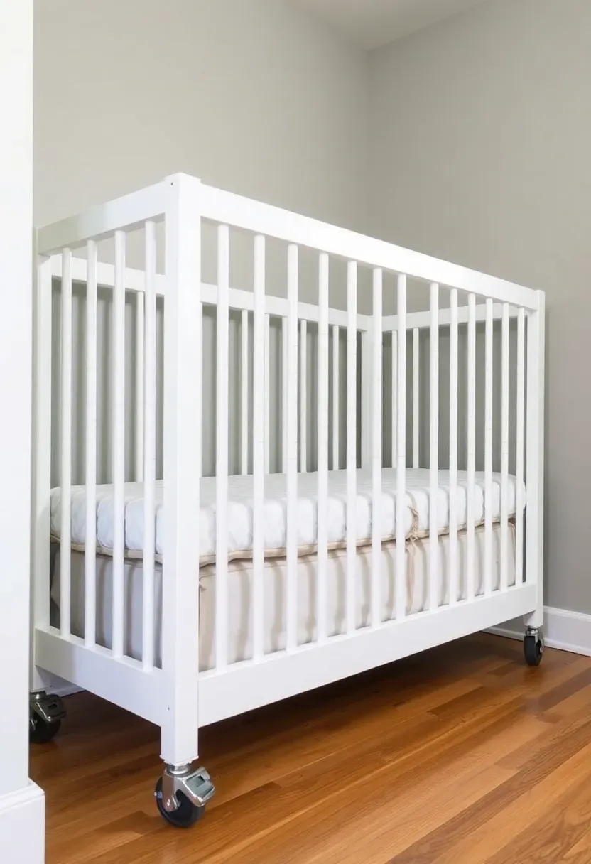 Full-size crib on locking rubber casters positioned beside a master bed in a small rental bedroom for flexible nighttime access