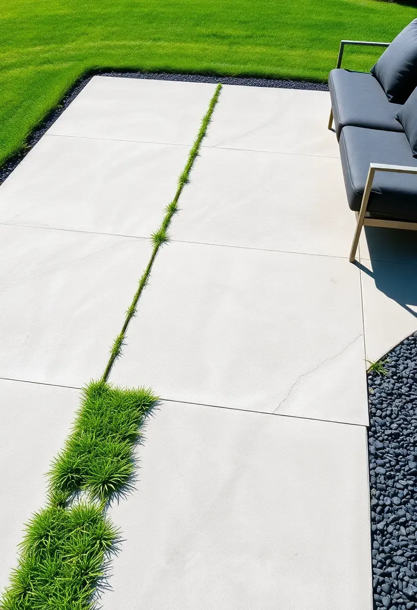 Large rectangular concrete patio with deep scored lines filled with strips of grass creating a green grid pattern across the concrete surface in a modern backyard