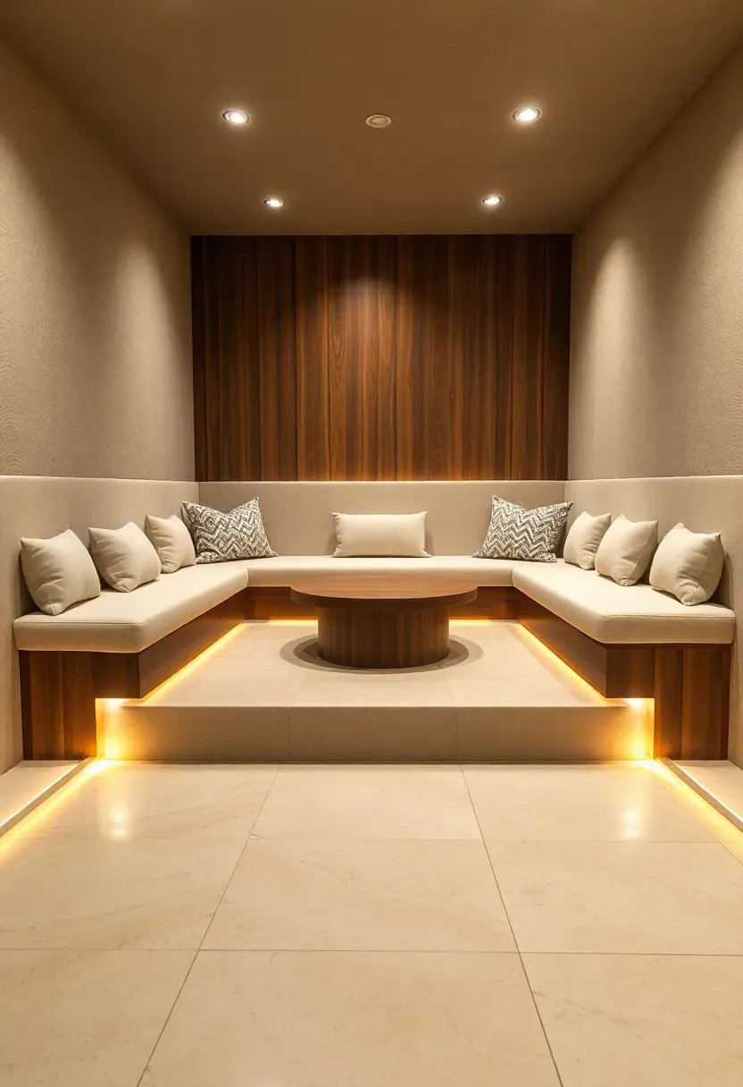 sunken conversation pit in a modern basement with built-in cushioned seating and low coffee table