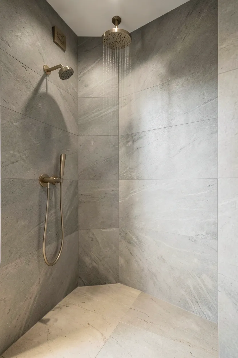 Honed slate shower walls with large-format slabs in a japandi bathroom — continuous natural stone surface, no grout lines