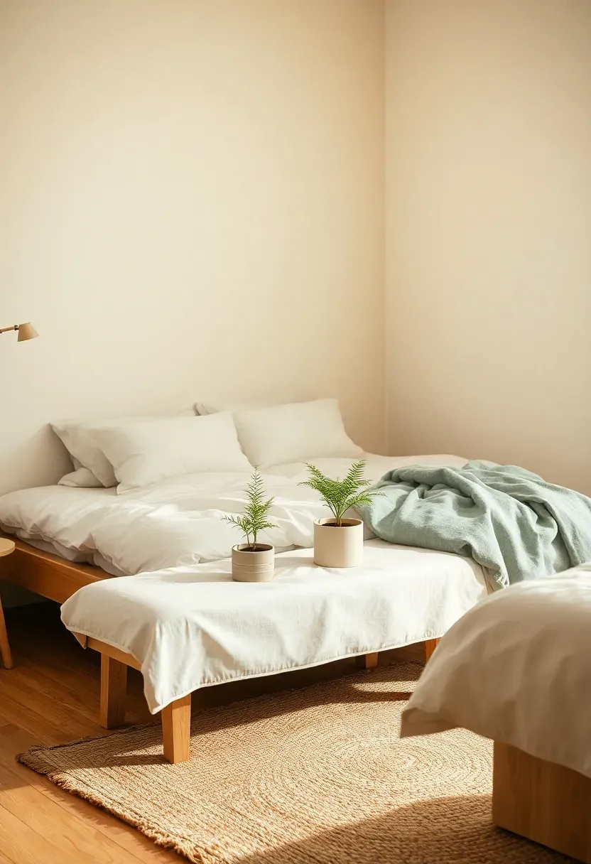 Foot-of-bed bench paired with a low plant grouping