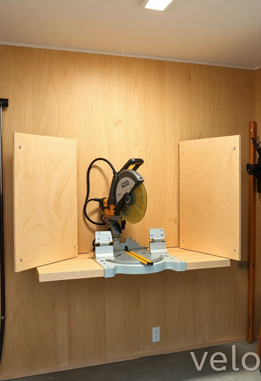 Compact miter saw station built into a garage workshop wall with fold-out extension wings and a built-in dust chute