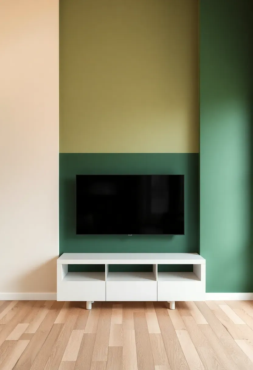 Living room with a two-tone painted accent wall behind a TV, dark forest green on the lower two-thirds and warm cream on the upper third with a clean dividing line
