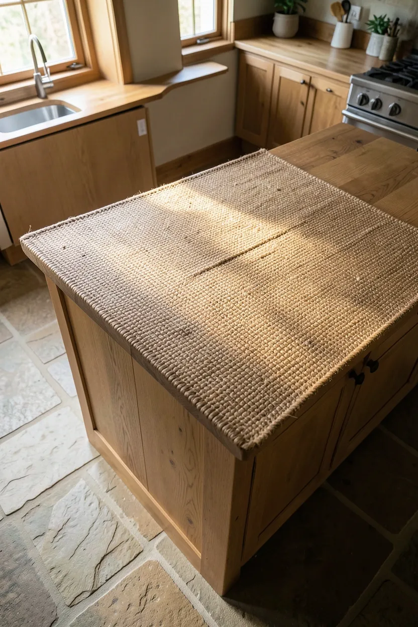 Natural jute rug in earthy beige tones anchoring a kitchen island zone, adding texture and warmth to a hard-surface organic modern kitchen