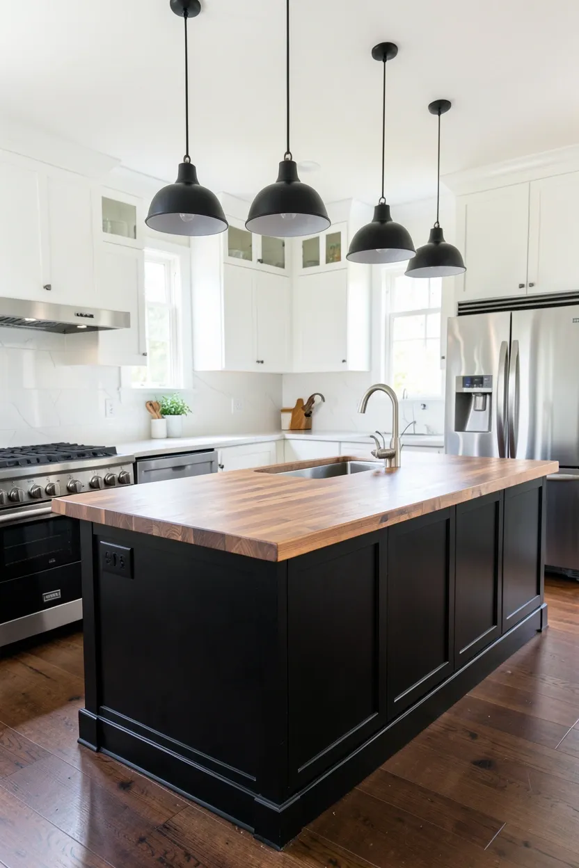 Black kitchen island base with maple butcher block countertop — functional food prep surface with warm wood and modern black drama
