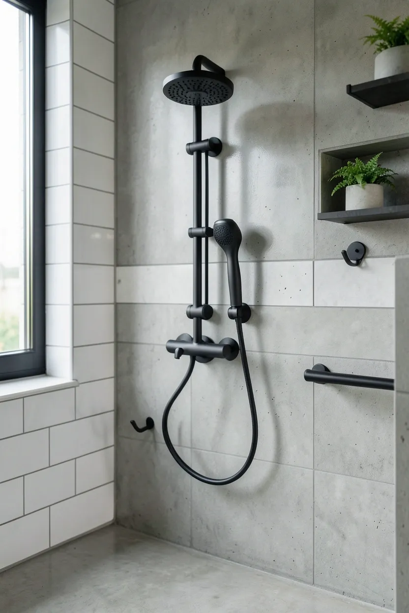 Hyper-realistic eye-level photograph of matte black industrial shower hardware set in modern bathroom. Shower head with exposed pipe mount, handheld shower bracket, and slide bar in matching matte black finish, polished concrete wall with subway tile, matte black towel hooks, concrete floor. Small green plant on shelf nearby. Materials: matte black powder-coated metal, polished concrete walls, white ceramic tiles, polished concrete floor, live green plant. Natural light from window highlighting matte black finish, cohesive industrial atmosphere. Shallow depth of field, sharp details on hardware connections and concrete texture, balanced composition showing shower and wall. No text, no logos, no watermarks.</p>