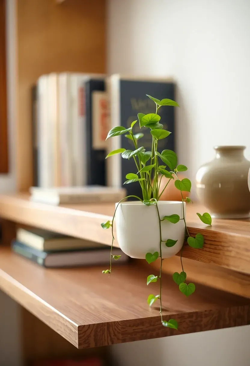 Close-up of a pothos in a small white ceramic pot trailing slightly over the edge of a floating shelf — warm side light, blurred books and ceramics in background on the same shelf, 2:3 portrait
