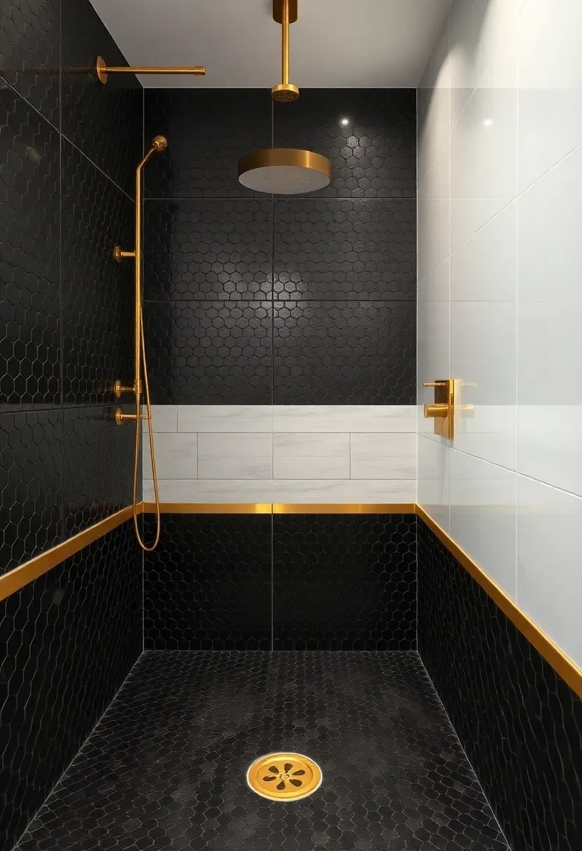 Matte black penny round mosaic tiles covering a shower floor and lower accent band with brushed gold fixtures above
